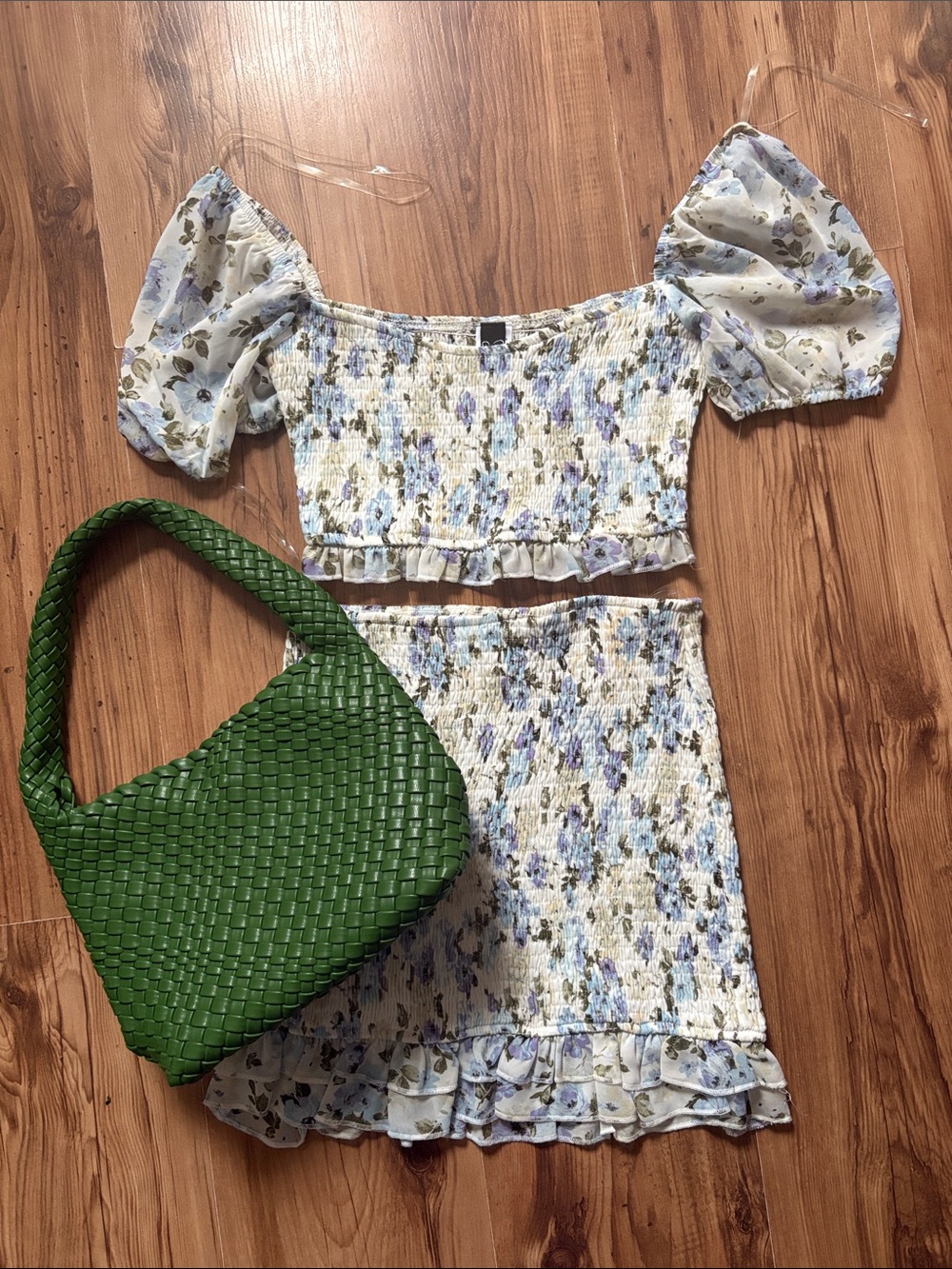 WINDSOR Floral Smocked Crop Top & Skirt Set - Lavender Blue on Cream